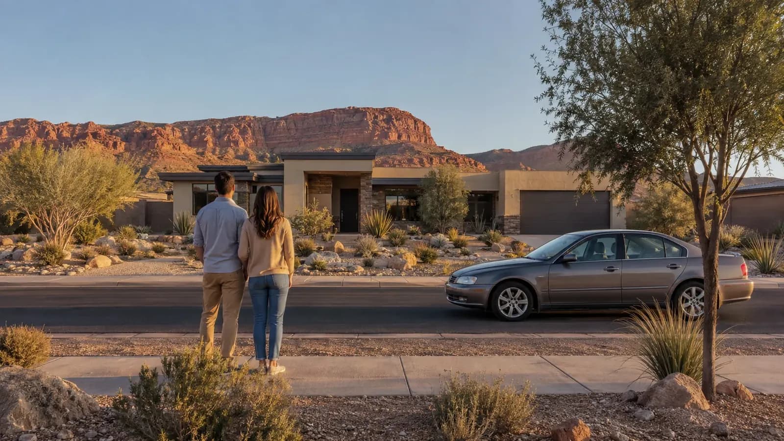 Couple viewing a modern desert home in St. George, Utah, with a sedan at the curb and red rock mesas behind