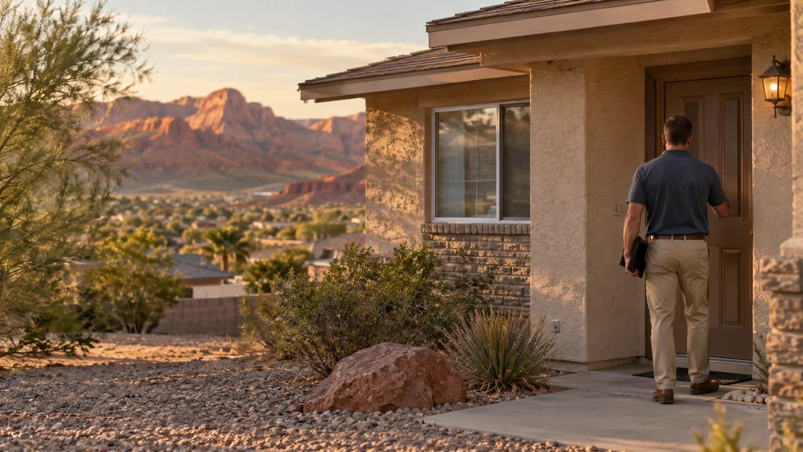 Man seen from behind at the front door of an older single story home in St. George, Utah, red rock mesas softly blurred behind