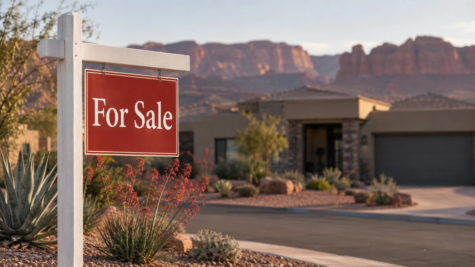 For sale sign beside agave and red yucca in a gravel yard in St. George, Utah, with a single story desert home and red rock mesas softly blurred behind