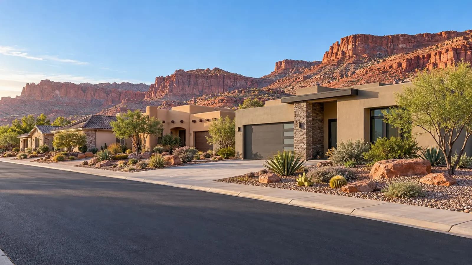 Row of desert homes along a quiet street in St. George, Utah, with red rock mesas behind in clear morning light