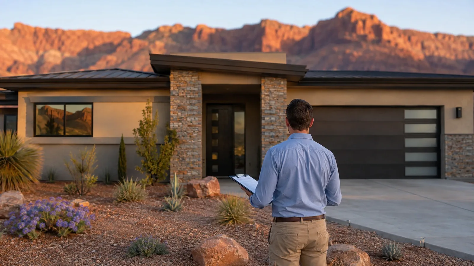 Appraiser holding a clipboard outside a modern desert home in St. George, Utah, with red rock mesas behind