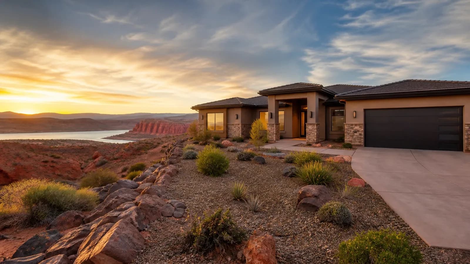 Desert home near Hurricane, Utah overlooking a reservoir and red sandstone at sunset