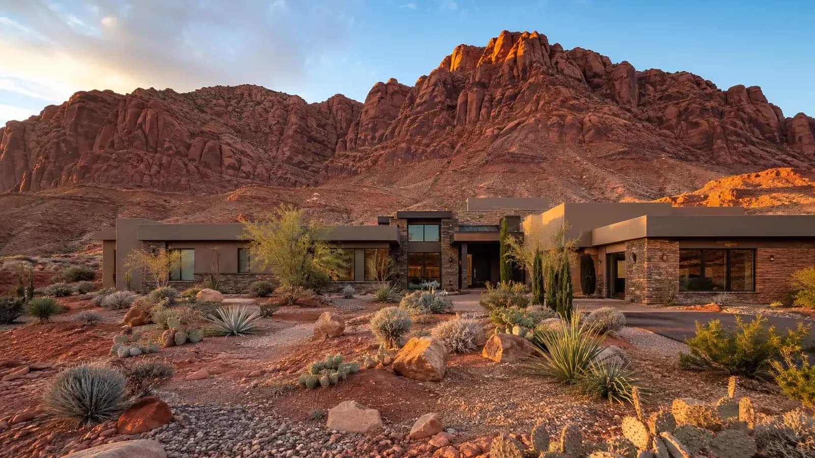 Earth toned contemporary home in Kayenta, Ivins, Utah beneath towering red rock cliffs