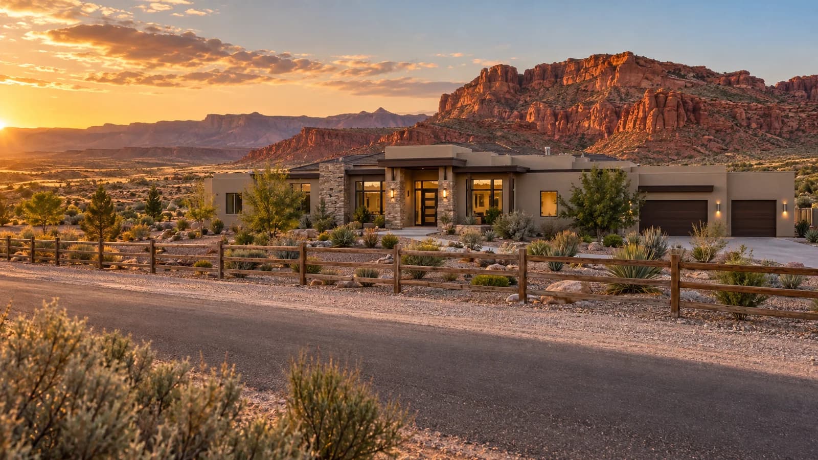 Single story home on a large lot in Little Valley, St. George, Utah, with a horse pasture fence and red rock mesas behind