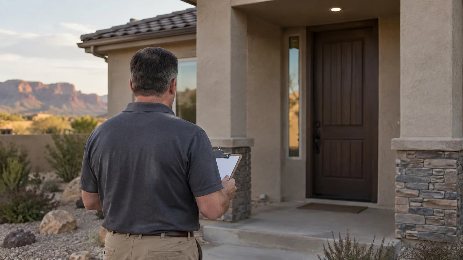 Appraiser with a clipboard at the front door of a single story home in St. George, Utah, red rock cliffs softly blurred behind