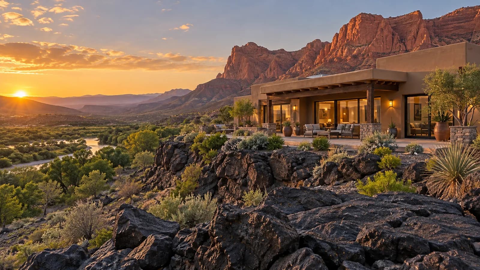Single story home on a lava rock bluff in Santa Clara, Utah, with the Santa Clara River valley and red cliffs behind
