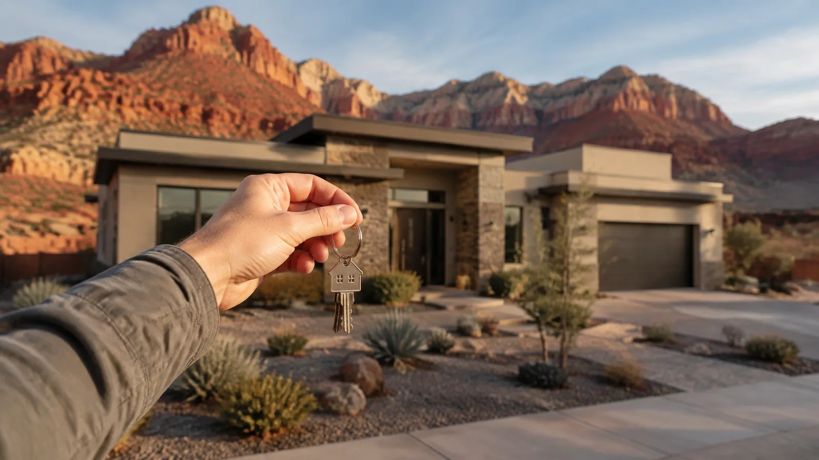 Hand holding house keys before a modern desert home in St. George, Utah, at golden hour