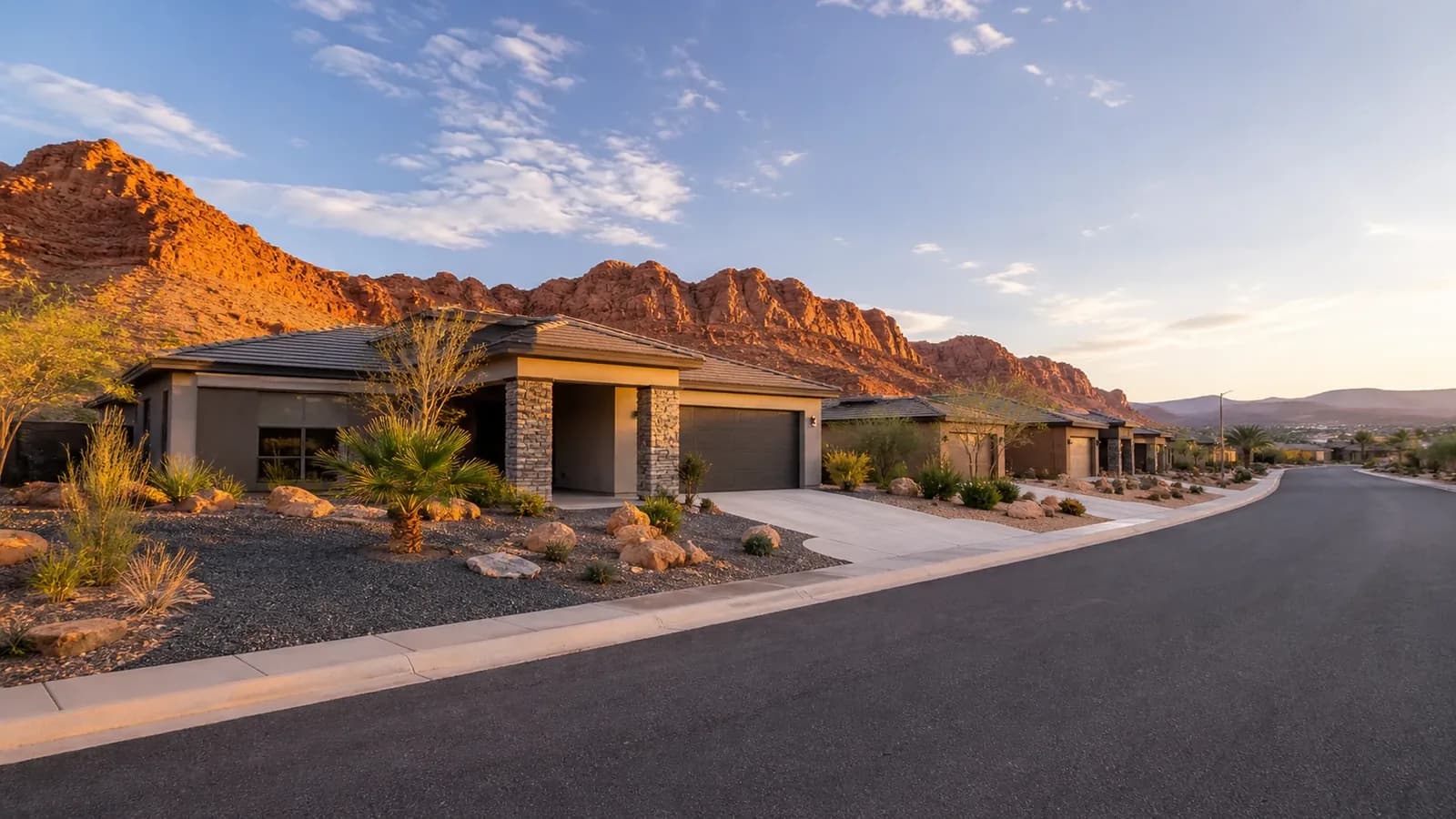 Desert homes along a quiet street in St. George, Utah, beneath red rock cliffs at golden hour